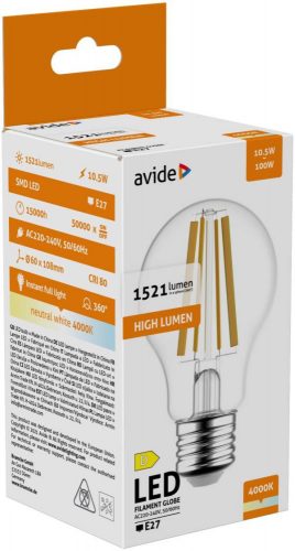 Avide LED Filament Globe 10.5W E27 A70 NW 4000K High Lumen